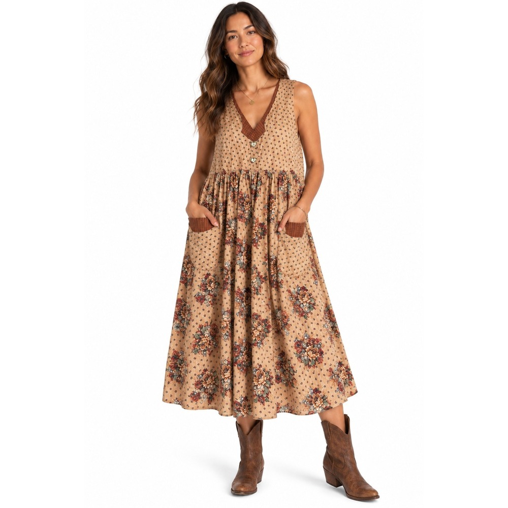 Vintage 90s Boho Grunge Plaid Floral Midi Dress XL Brown Prairie Cottage USA
